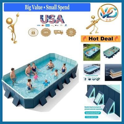 13 Ft Foldable Non-Inflatable Pool with Wood Frame Rectangular Backyard Pool