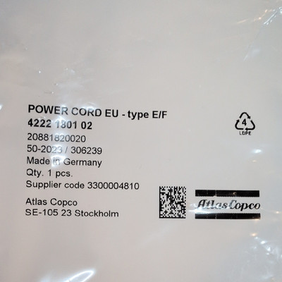 Atlas Copco POWER CORD EU Typ E/F Netzkabel Schuko auf IEC C13 Schwarz