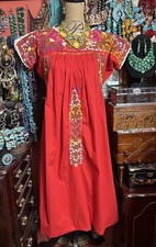 Beautiful Vintage 1970s Red Oaxaca Dress With Multi Color Embroidery M/L