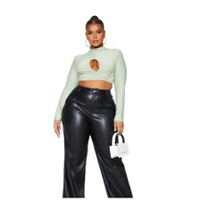 PrettyLittleThing Plus Black Faux Leather Wide Leg Pants High Waisted NEW