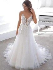 Spaghetti Straps Backless Wedding Dress Tulle Deep V Neck A Line Lace Bride Gown