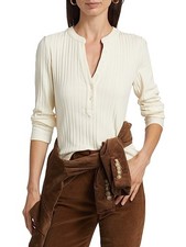 Veronica Beard Jocelyn Henley Ribbed Long-Sleeve Stretch Cotton Top IVORY size S