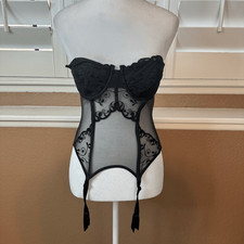 Victoria's Secret 34B Strapless Sheer Mesh Embroidered Bustier Black Lingerie