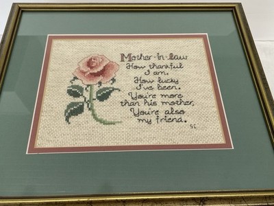 Vintage Hand Work Cross Stitched Framed Matted Mother-In-law/Friend Verse Decor