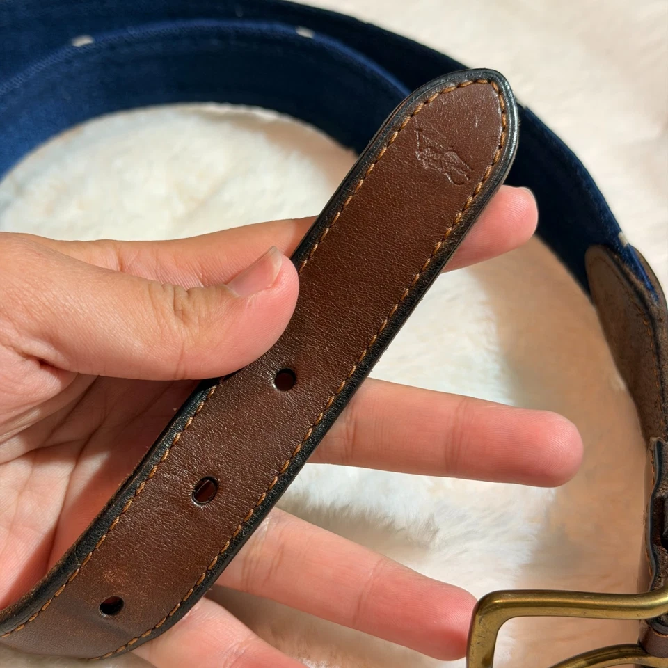 Polo Ralph Lauren Men's Navy Blue Bear Print Striped Leather Trim Belt - Image 4 of 4