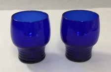 Pair Blue Glass Glasses Ribbed Stackable Juice Rocks Drink Cobalt 8 Oz Lot 2 a
