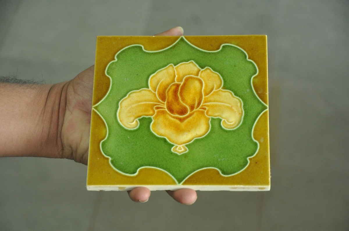 4 Pc Vintage Fine Flower Design Embossed Ceramic Tiles,Japan