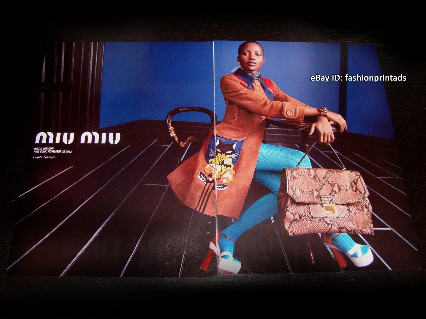 MIU MIU ANNUNCIO STAMPA 4 pagine primavera 2014 LUPITA NYONG'O gambe donna in collant luminosi