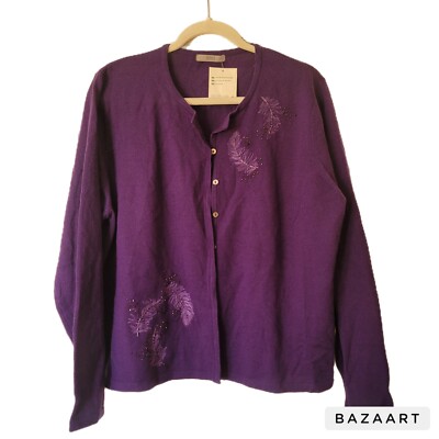 Marks & Spencer Cardigan Sweater UK 22 US 18 Purple Beaded Floral Button 
