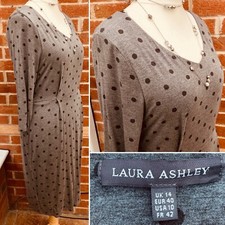 LAURA ASHLEY Size 14 Grey Dress Polka Dot Holiday Stretchy Summer Excellent L9