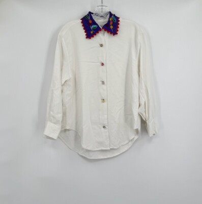 Todd Oldham Times Seven White Beaded Embroidered Collar Button Top Sz Petite