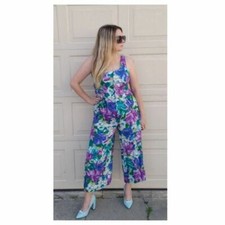 Vintage All That Jazz Women's Floral Sleeveless Jumpsuit Blue Purple Size Large