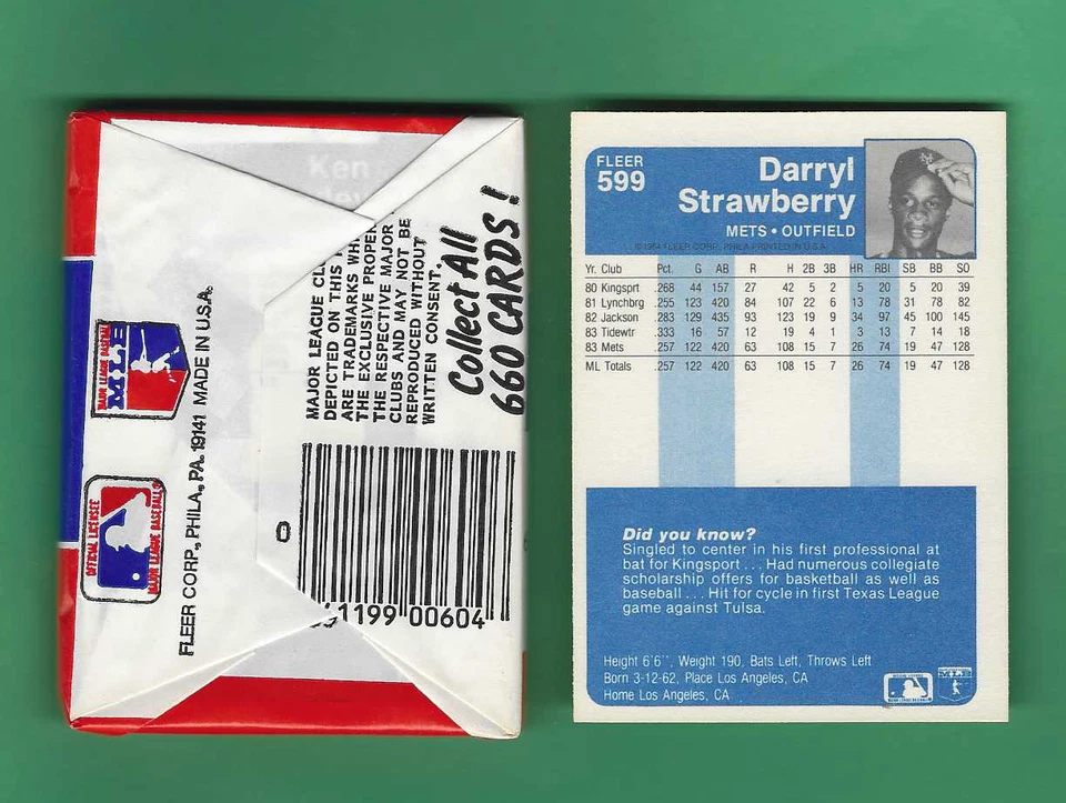 1984 Fleer бейсбол воск упаковка, BBCE коробка + 1984 Fleer Darryl клубника #599 карта - Изображение 2 из 4