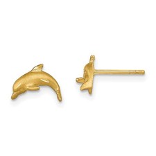 14k Yellow Gold Satin Diamond-cut Dolphin Post Earrings