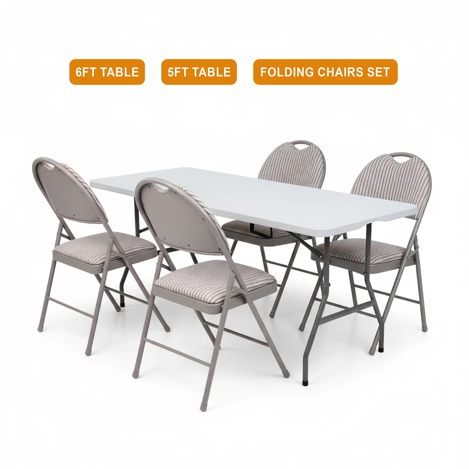 6FT CATERING CAMPING HEAVY DUTY FOLDING TRESTLE TABLE PICNIC BBQ PARTY CHAIRS - Image 1 of 1