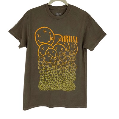 Officially Licensed Nirvana Smiley Faces Grunge Tee Brown Acid Wash Medium
