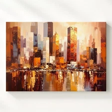 Ethereal City Reflection Canvas Dreamy Impressionist Skyline At Sunrise Wall Art