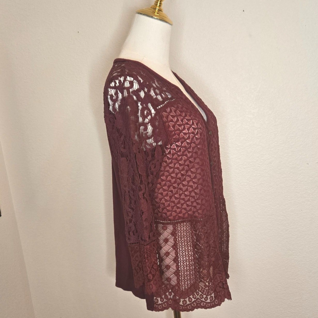 Maroon Patchwork Lace Button Front Top Cottagecor… - image 3