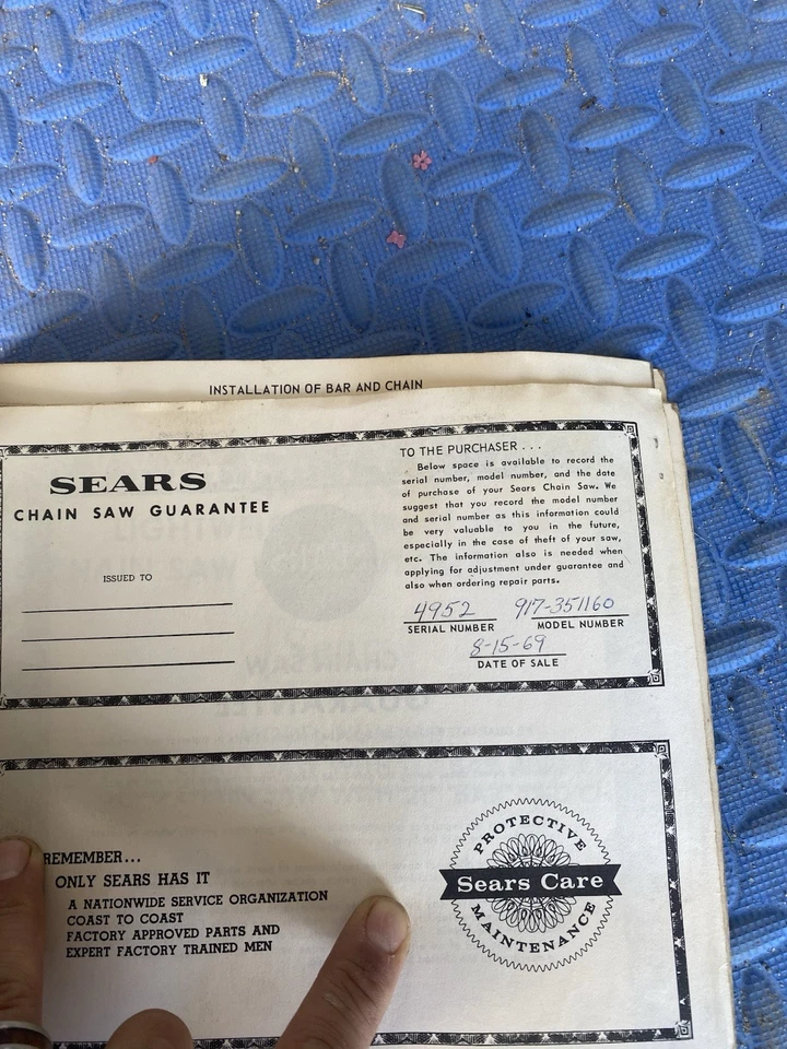 Vintage Sears D44 Chainsaw + Original Manual And Proof Of Purchase + Metal Case - Image 4 of 4