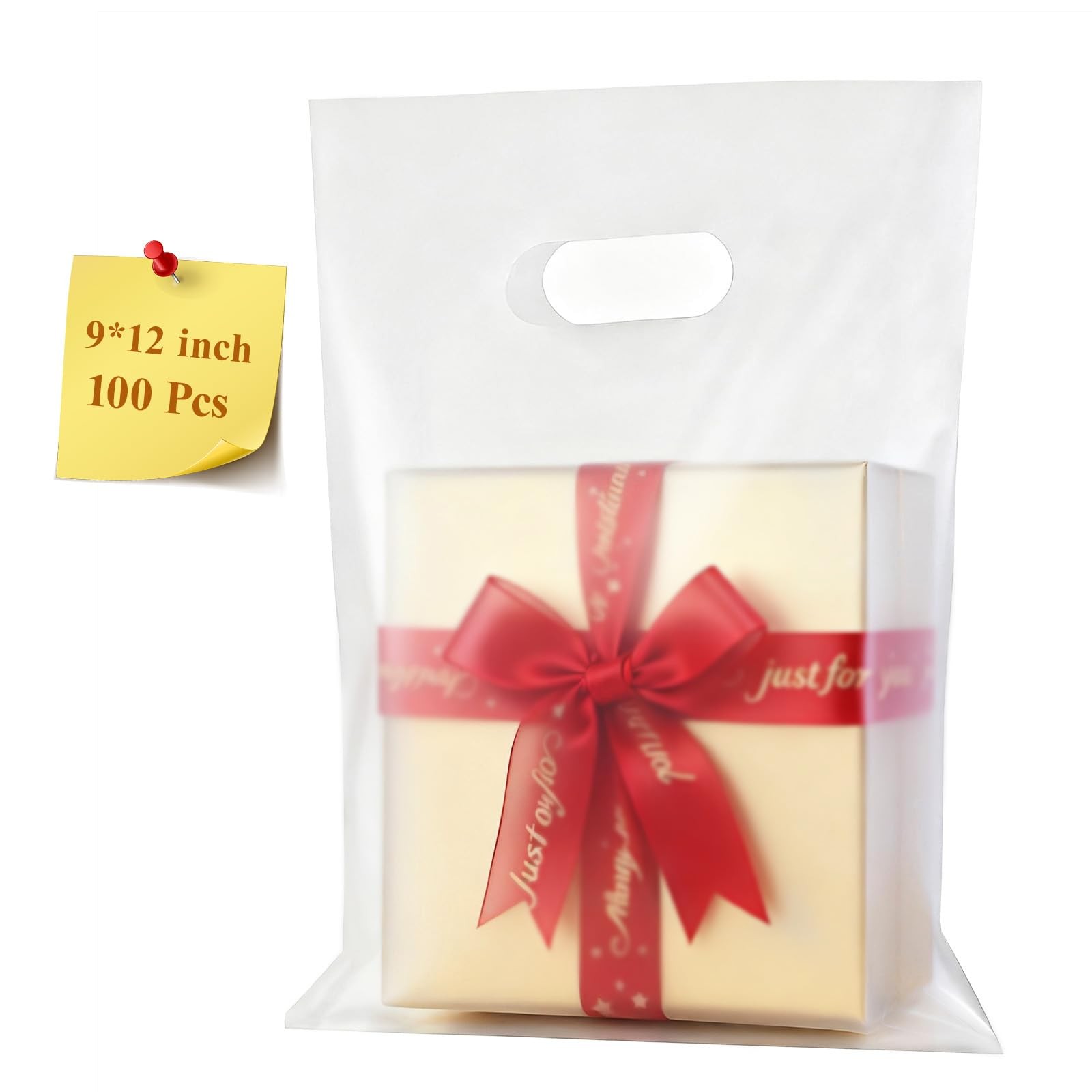 100 Pcs Plastic Bags with Handles 9"X12", Clear Gift Bags Shopping Merchandise B