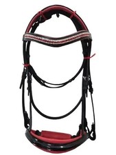 New 3 Row Browband With Red Padding Dressage Leather Bridle & Patent Noseband
