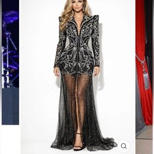 Blazer Vestido Negro Estrás Cuentas Ilusión Malla Transparente Tren Glamour Disfraz M