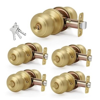 Brushed Gold Keyed-NOT-Alike Flat Ball Door Knob 5 Pack Satin Brass Keyed Entry