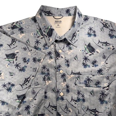 IZOD Saltawater Mens 2XL Short Sleeve Button Up Shirt Fishing Sailfish Palms