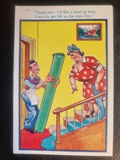 Comic Postcard C1950 Carpet Fitter Fat Lady Lay Felt  On Stairs TROW