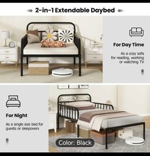 Single Bed Frame 3FT Extendable Metal Daybed Guest Sofa Bed Black