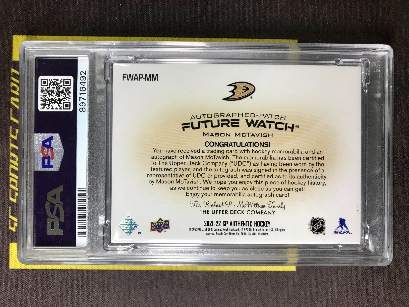 2021-22 UD SP Authentic Future Watch RPA Mason McTavish RC Patch Auto /100 PSA 8 view 2