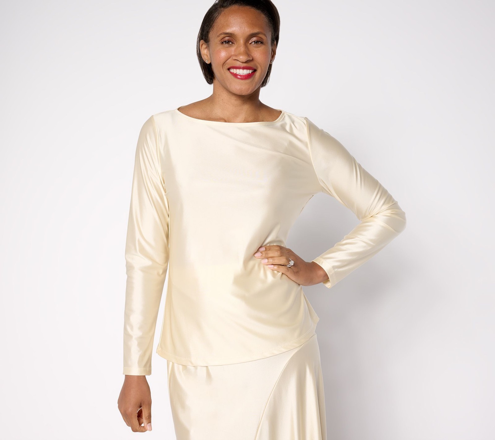 Women Control Women's Top Plus Sz 3X Fluid Satin Boat Neck White A667187