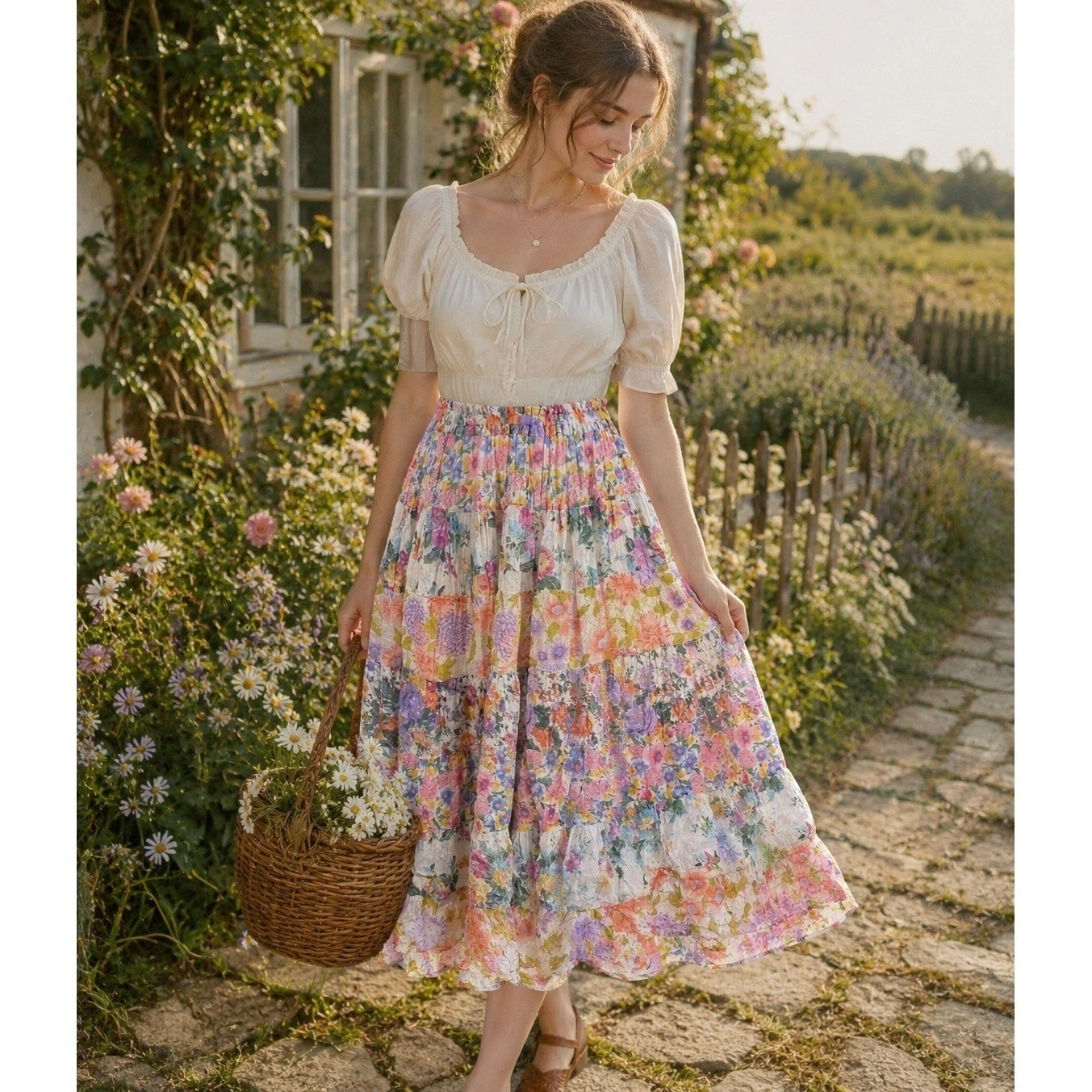 Vintage Cottagecore Tiered Midi Skirt Medium Pastel Floral Country Market