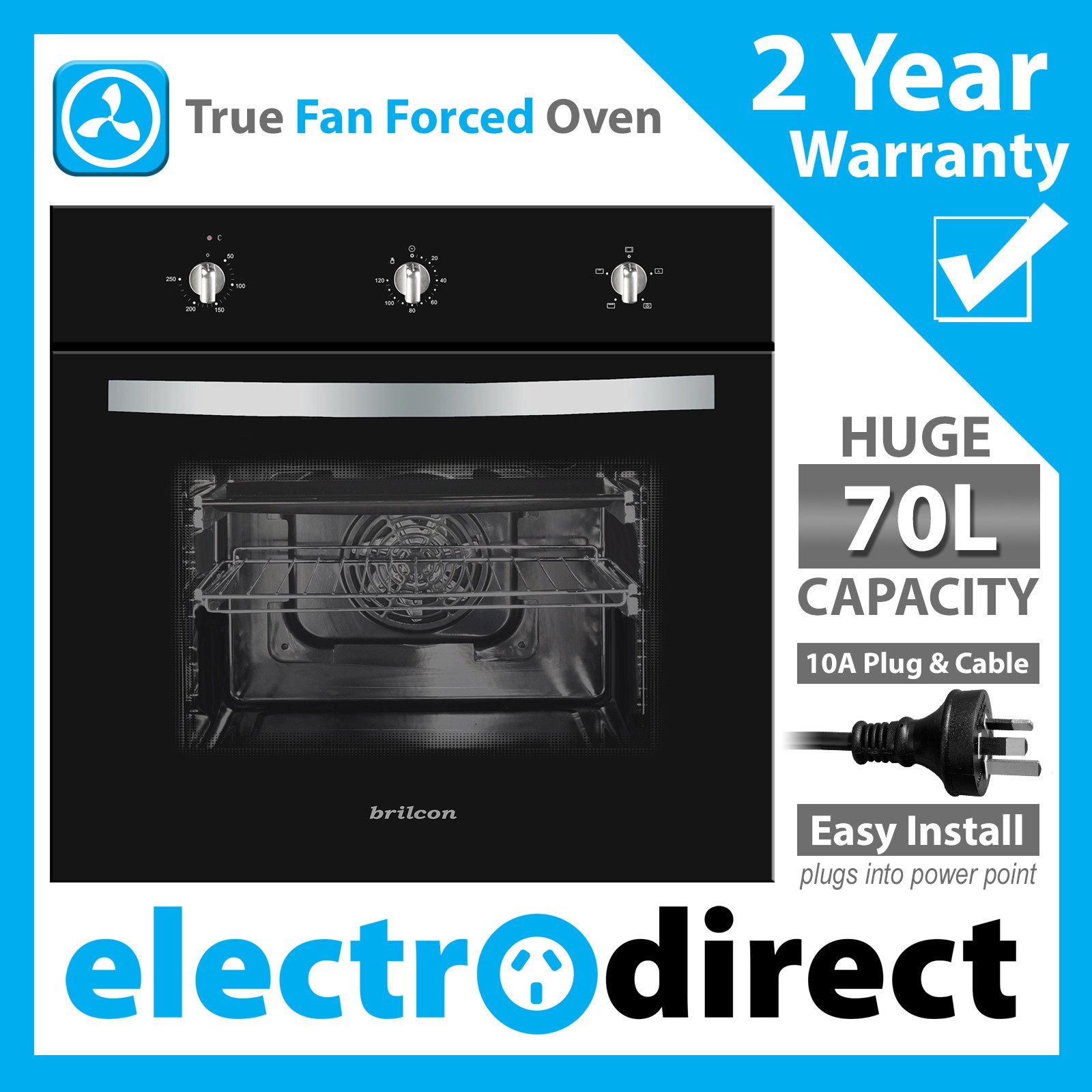 Brilcon 60cm Electric Fan Forced Wall Oven 70L with 10amp Plugs into