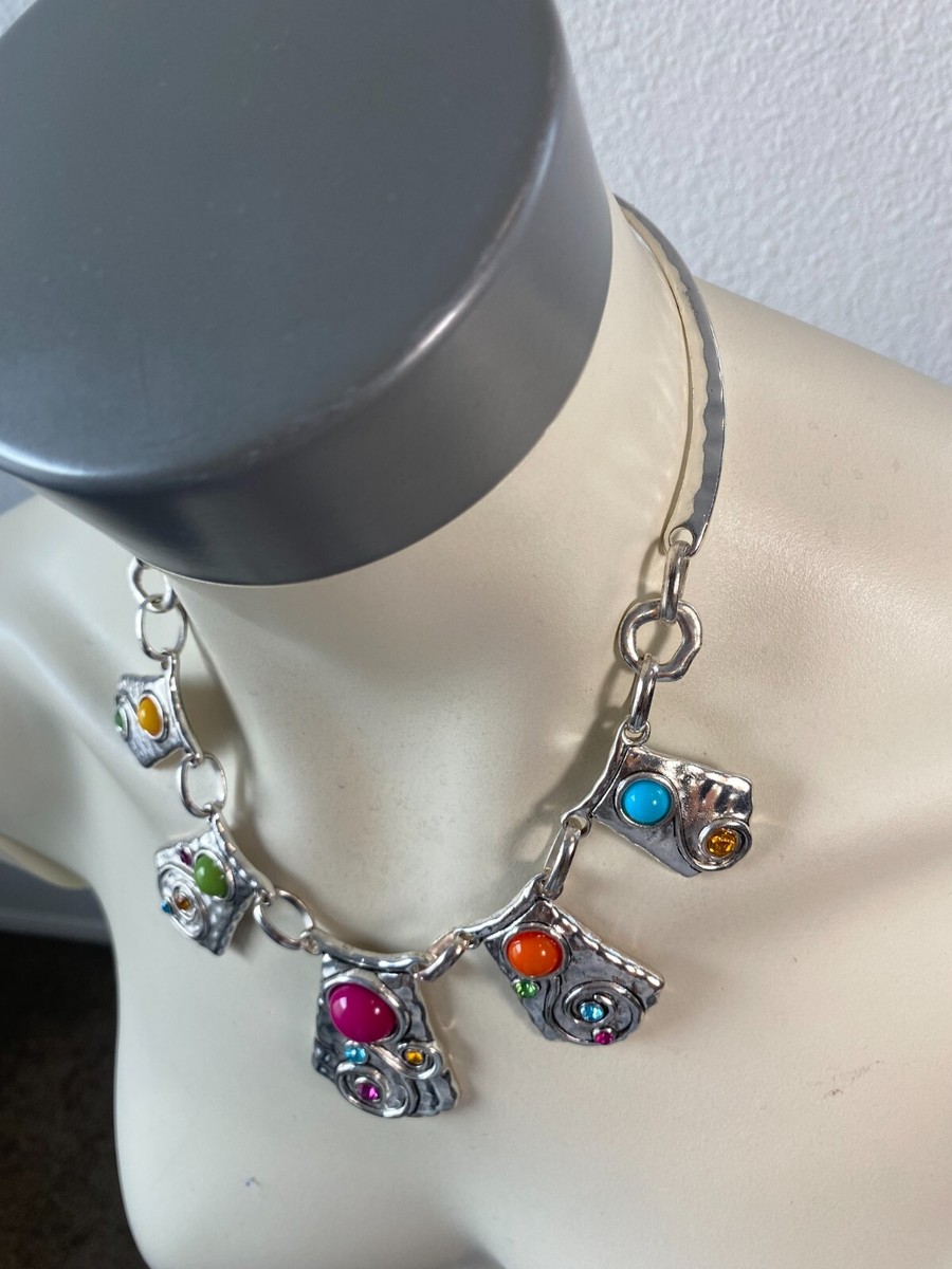 Women Necklace Flat silver tone square shape hammered chokers with beads 19" inc View 4