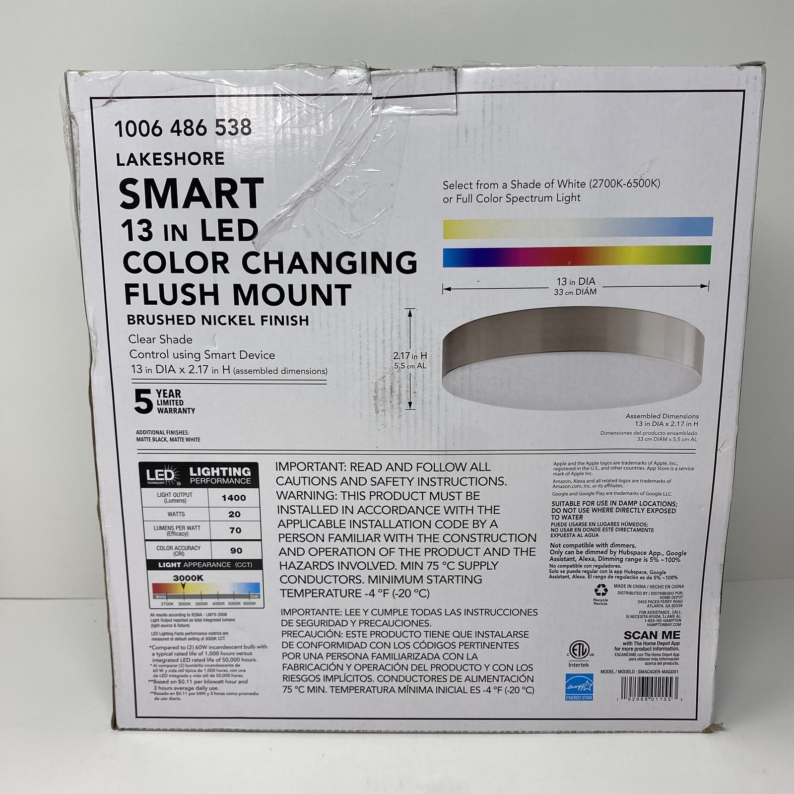 Hampton Bay Lakeshore 13&rdquo; Smart CCT & RGB Select. Led Flush Mount Brushed Nickel