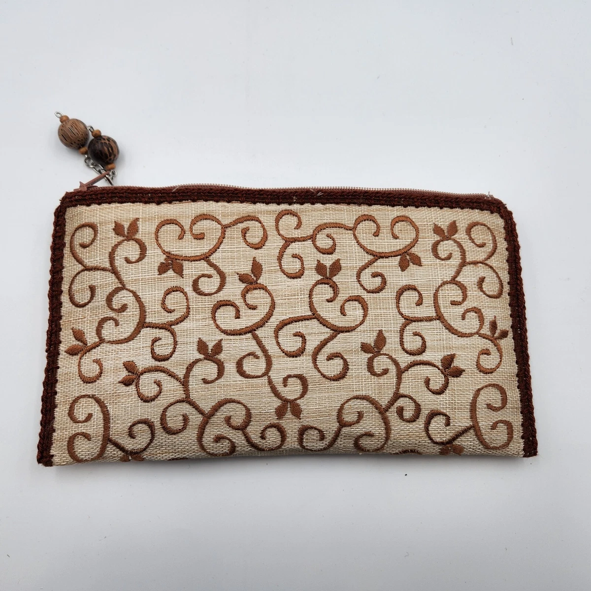 HANDMADE Bag Clutch Satchel Woven Embroidery Quilted Wooden Handles Brown Hand Crafted Fabric Handbag Wooden Handles Embroidery Trim  main image 2