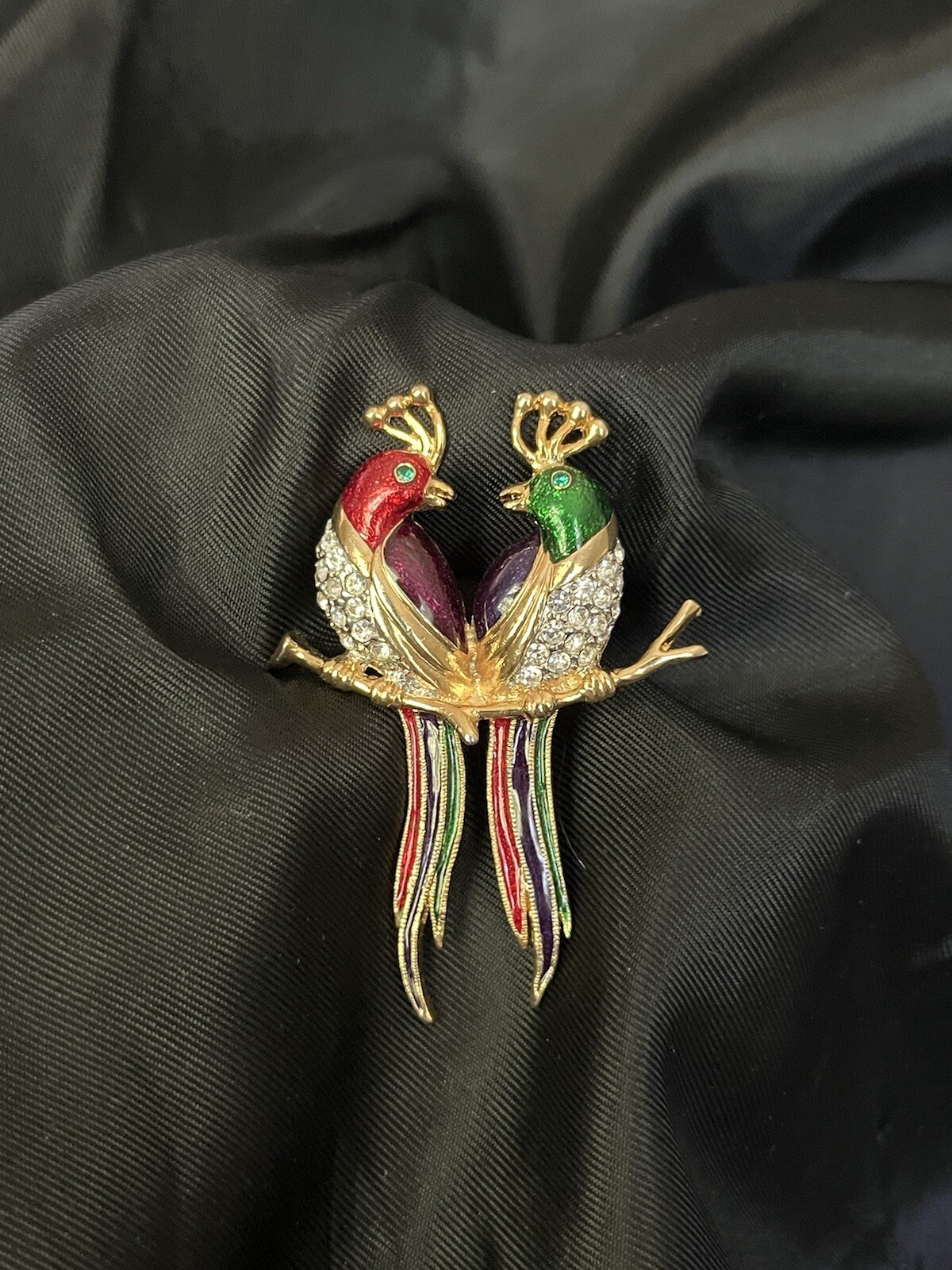 Vintage Huge Quetzal Bird Brooch, Enamel Rhinestone Statement Pin main image 1