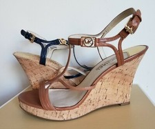 MICHAEL KORS CICELY GOLD MK CHARM NAVY LUGGAGE STRAPPY CORK WEDGES I LOVE SHOES