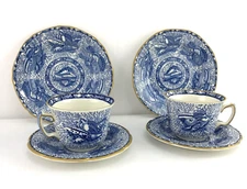 Torquay Blue Gold Trim Winterthur Mottahedeh Sea Grass Shell Cup and Plate Set