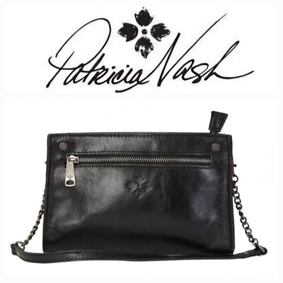  Patricia Nash Moscava BLK Leather Double Zip Top Bag  NEW Two Removable Straps