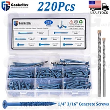 225Pcs Masonry Concrete Screw Phillips Flat Head 1/4" 3/16" Tapcon Anchor & Bit