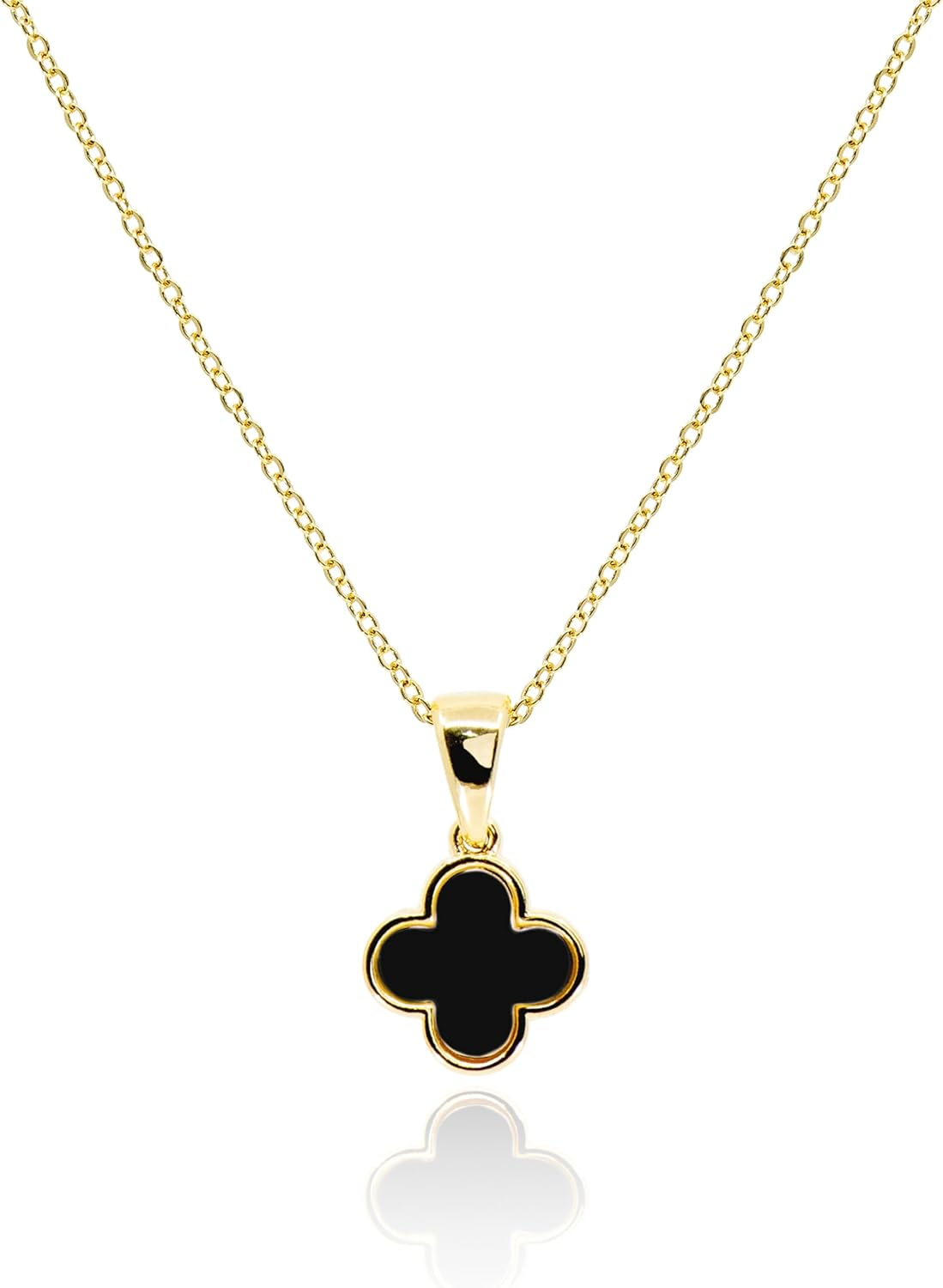 Dainty Four Leaf Clover Necklace with Mother of Pearl and Black Onyx for Women