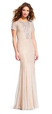  349 Adrianna Papell Silver Nude Short Sleeve Mermaid Sheath Gown 12 NWT A983