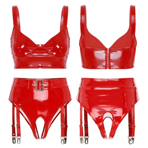 Women's Shiny Lingerie Sets Leather Vest Crop Top Crotchless Galter Belt AU - Picture 42 of 47