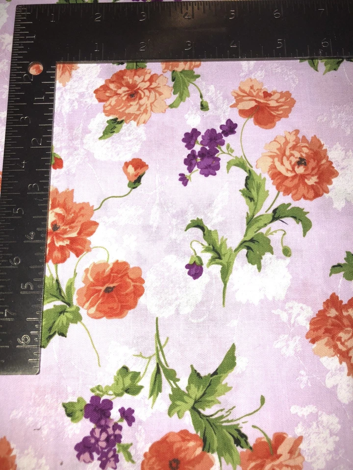 Orange Flowers Floral On Light Purple Print Cotton - 1/3 Yard Third Already Cut - Image 3 of 4