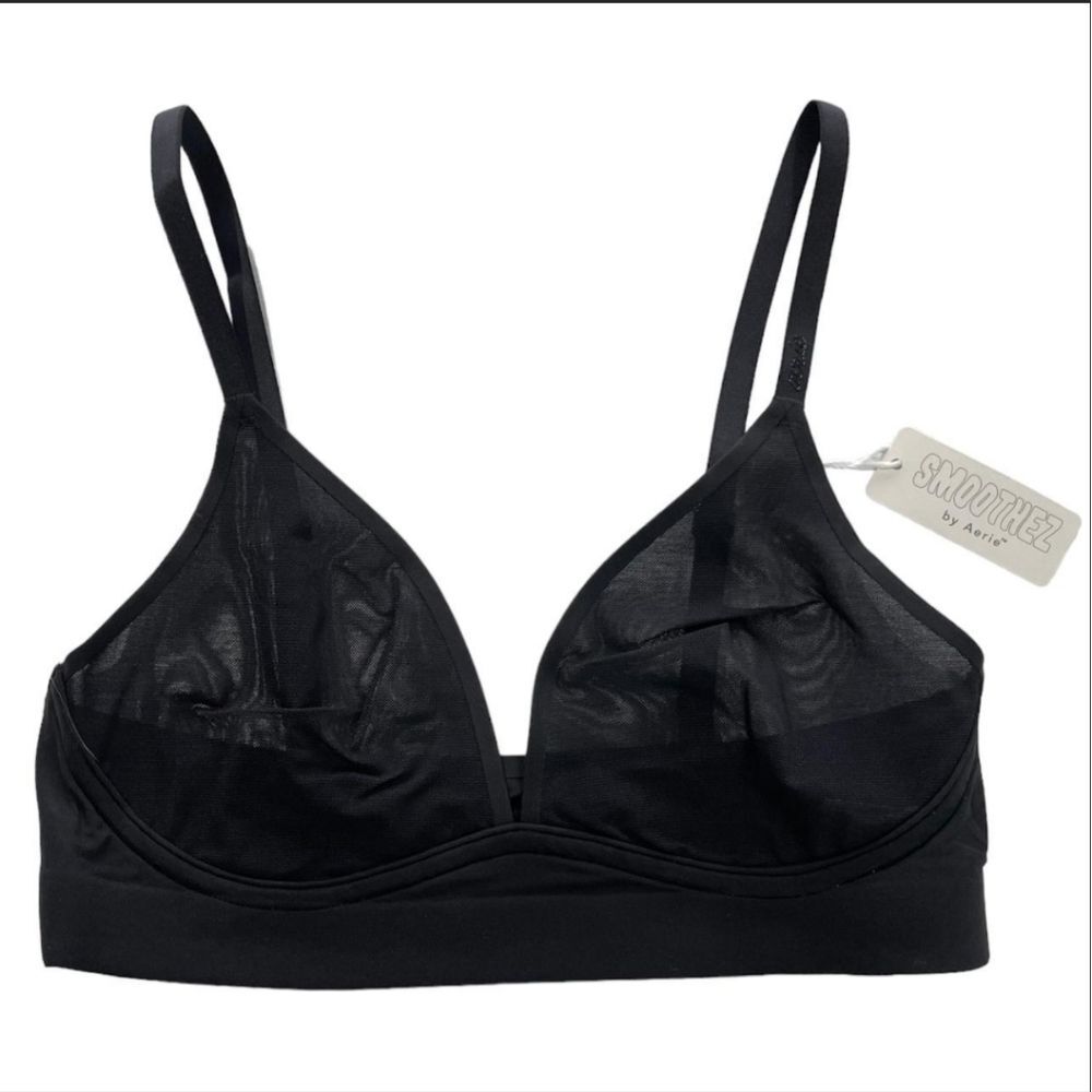 Aerie SMOOTHEZ Mesh Sheer Lightweight Bralette Wireless Black Bra