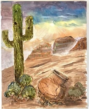 Desert Landscape Impasto 20x16" Cactus Art Indigenous Southwest Navajo Vase Sun