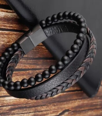 Men's Tri Strand Natural Matte Onyx Stone Bead Braided Woven