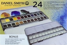Watercolor Half Pan Set, 24 colors with bonus 24 empty half pans in a metal box